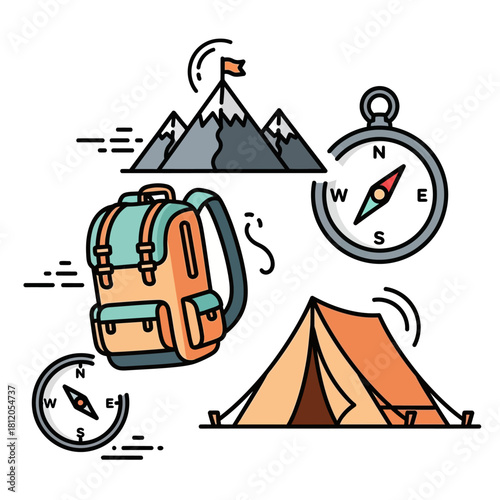 Camping and Hiking Adventure Gear Icons.
