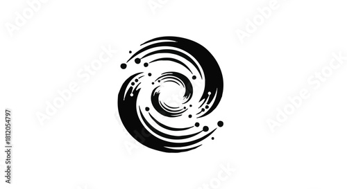 Abstract black ink swirl creating a dynamic vortex effect with small dots