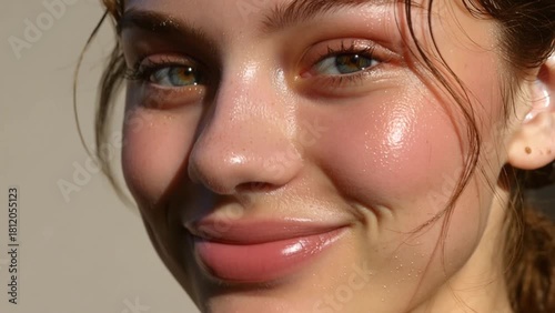 Beauty video of a woman’s face with naturally visible pores and natural glowing skin with beautiful eyes and light smile.Zoom out slow motion.AI Generative.