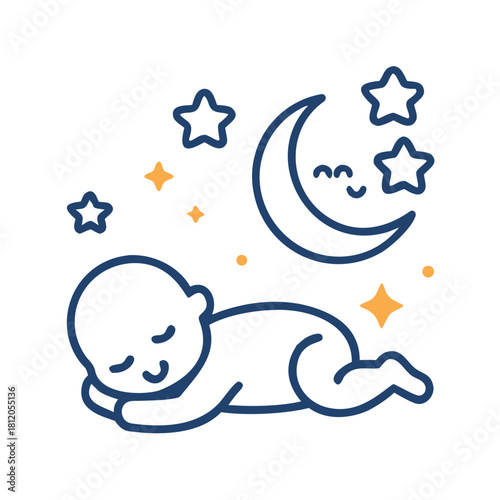 Sleeping baby with stars and moon in cartoon line style