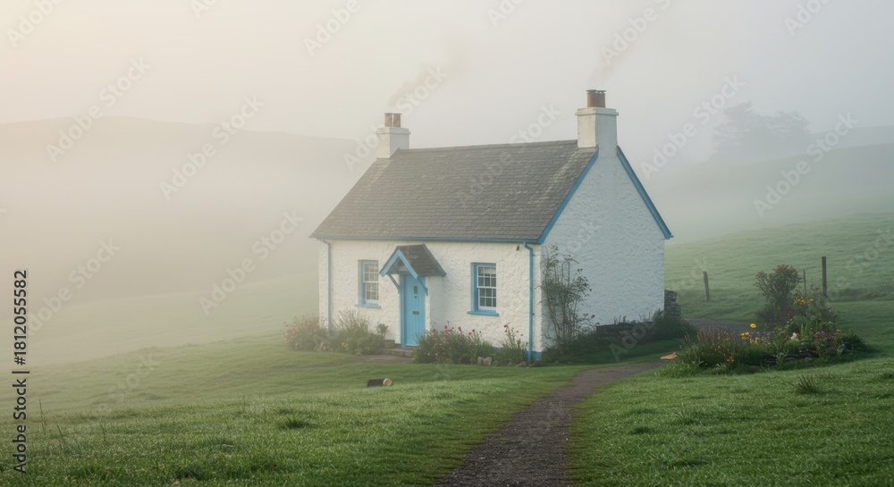 Fototapeta premium Small whitewashed dwelling sits amidst rolling hills enveloped in morning mist