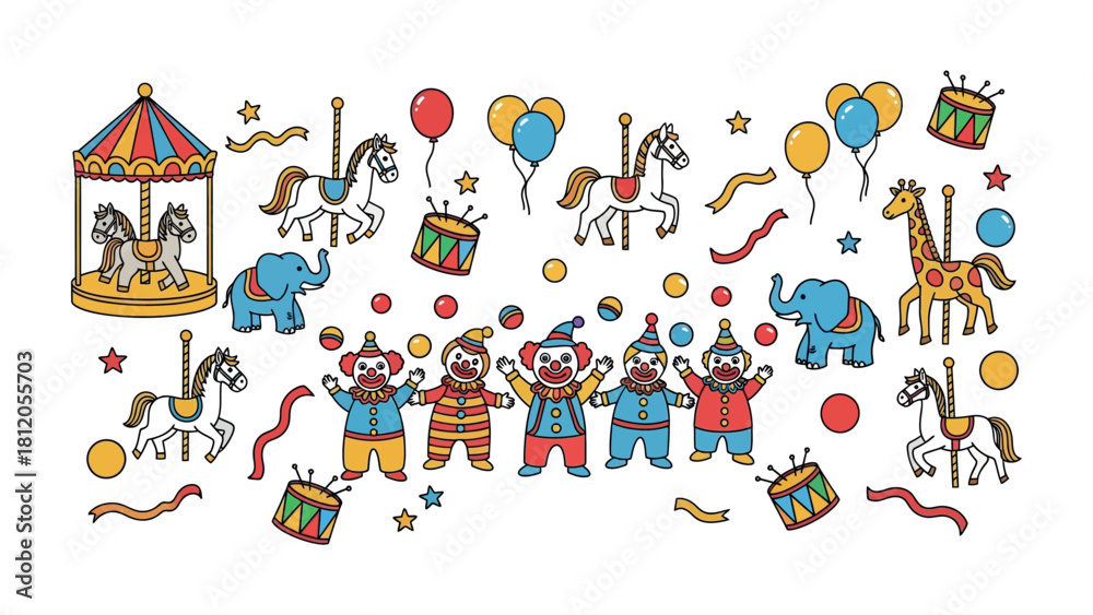 Fototapeta premium Colorful Circus: A whimsical illustration of a lively circus scene, featuring clowns, carousel, carousel animal, balloons, and musical instruments, evoking the playful atmosphere of a carnival.