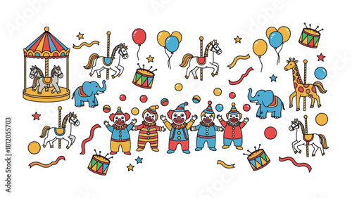 Colorful Circus: A whimsical illustration of a lively circus scene, featuring clowns, carousel, carousel animal, balloons, and musical instruments, evoking the playful atmosphere of a carnival.