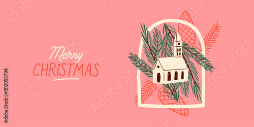 Merry Christmas hand drawn winter home greeting card illustration. Vintage style church with xmas nature decoration and pine tree leaves. Party celebration design, december season event banner.