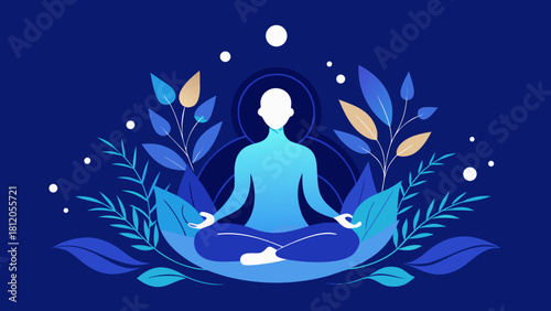 Person meditating in lotus position surrounded by abstract blue and gold leaves on dark background, blue hour