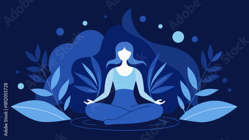 Woman meditating in lotus position surrounded by abstract blue leaves and shapes on dark blue background