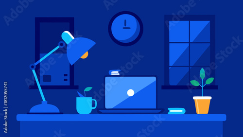 Minimal home office desk with laptop, lamp, clock and plants in a blue night scene
