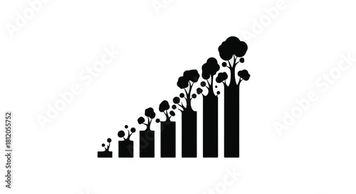 Illustrative concept of growth and development symbolized by trees on a rising bar graph.