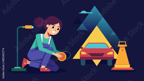 Girl fixing car tire with tools and safety cone in a colorful flat style on dark background