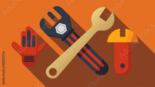 Set of colorful flat style mechanic tools and protective glove on orange background with long shadows