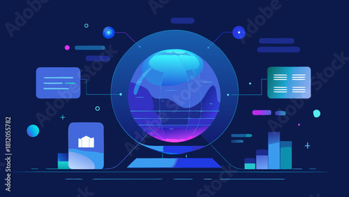 Futuristic digital globe surrounded by charts, data panels and interface elements on dark background