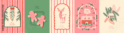Merry Christmas hand drawn vintage greeting card illustration set. Retro style cartoon poster collection with xmas decoration, deer, ginger bread cookie. Party celebration design, december season.