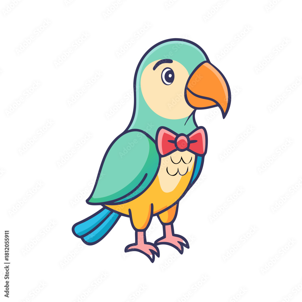 Fototapeta premium Colorful cartoon parrot with red bow tie