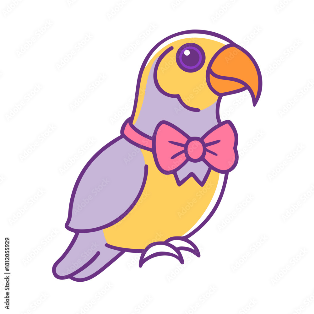 Obraz premium Purple and yellow cartoon parrot with pink bow tie