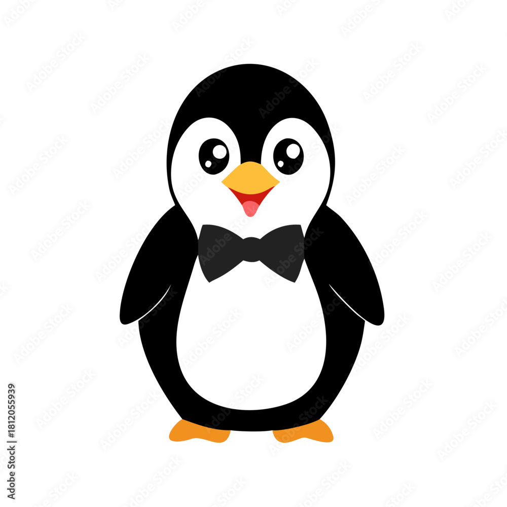 Fototapeta premium Cartoon penguin in black bow tie on white background