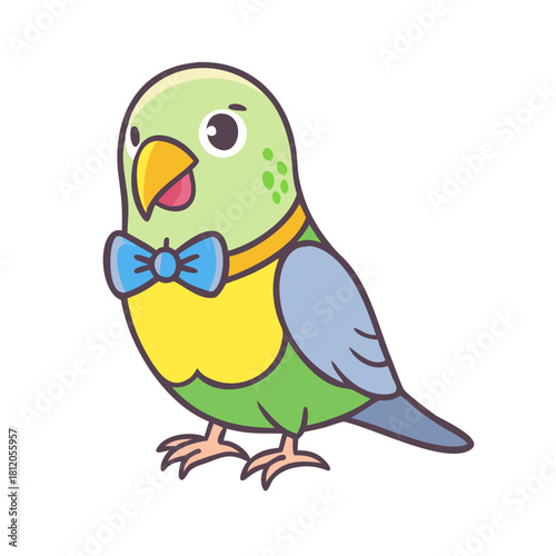 Cartoon budgie bird with blue bow tie on white background
