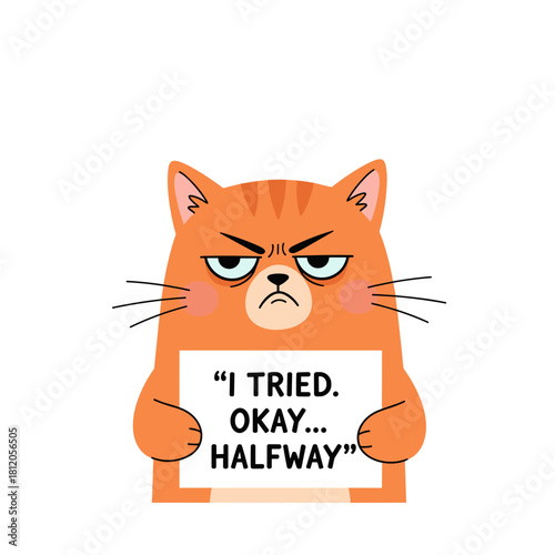 Grumpy orange cat holding a sign "I tried. Okay... halfway" for social media memes, humorous content, and greeting cards