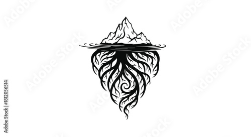 Symbolic iceberg with visible roots representing hidden depths and foundation