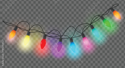 Festive christmas lights garland with colorful bulbs on transparent background for holiday season decoration design element
