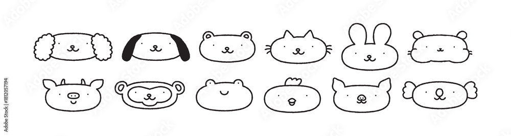 custom made wallpaper toronto digitalCute black and white animal face cartoon character illustration set. Funny hand drawn retro animals sticker, children mascot drawing collection. Includes dog, cat, bear and bunny. Isolated graphic.