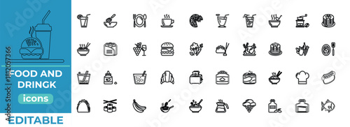 Food and Drink Line Icons Set  Restaurant, Kitchen, Meal, Fast Food, Healthy and Organic Outline Vector