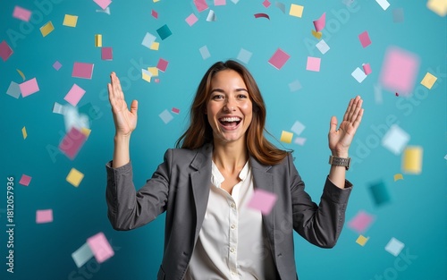 Happy business woman, confetti and celebration for winning or promotion against a blue studio background. Excited female person or employee smile in freedom for victory, achievement or party event