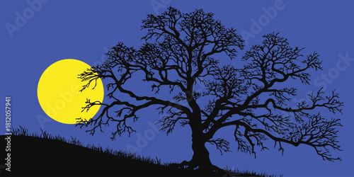 Silent Silhouette of Oak Under the Moon: The bare silhouette of a majestic oak tree stands silently against the backdrop of a moonlit night, with the radiant yellow moon.
