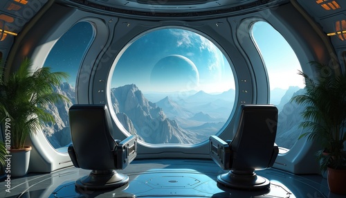 Fototapeta Naklejka Na Ścianę i Meble -  Sci-fi interior shows planet view from spaceship cabin. Round window looks at landscape with mountains, planets. Futuristic interior with chairs, plants at space station looks cozy.