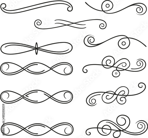 Collection of hand drawn swirls and flourishes for decorative elements