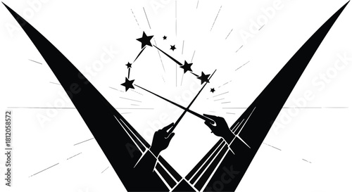 Mystical hands conjure stars and constellations with a magic wand, evoking wonder and imagination.