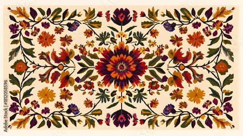 Ornate symmetrical floral embroidery design features richly colored blossoms and foliage