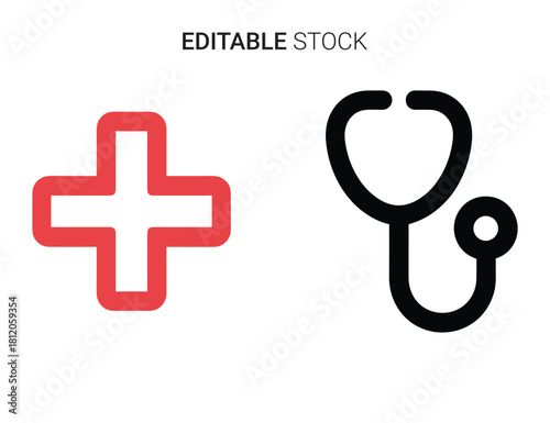 Red medical cross and black stethoscope icons for healthcare and urgent care services