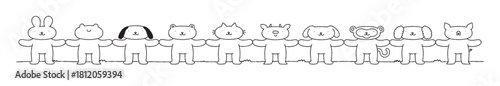 Cute animal cartoon character group holding hands black and white illustration. Funny hand drawn diverse animals team, children mascot drawing. Includes dog, cat, bear, bunny. Teamwork concept.