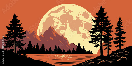 Moonlit Mountain Landscape: A serene evening scene unfolds, with majestic mountains silhouetted against a warm, orange sky illuminated by a radiant full moon. Trees stand in silhouette.