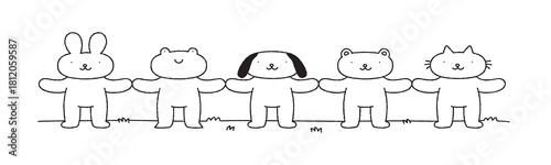 Cute animal cartoon character group holding hands black and white illustration. Funny hand drawn diverse animals team, children mascot drawing. Includes dog, cat, bear, bunny. Teamwork concept.