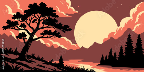 Serene Sunset over Landscape: Silhouette of a tree against a vibrant sunset sky, casting a tranquil mood over a picturesque landscape with mountains and a calm river. 