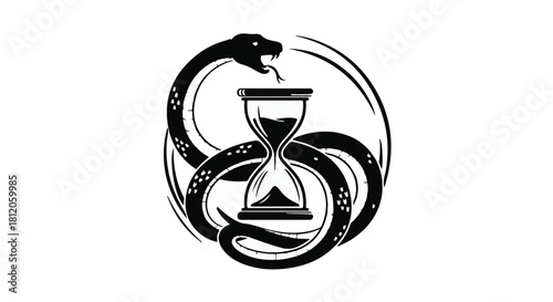 Ouroboros snake encircling hourglass symbolizes time and eternity