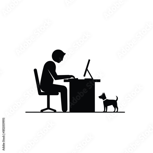Silhouette of a man working at a computer with his dog by his side, isolated on he is focused and concentrated silhouettes avatar vector pack