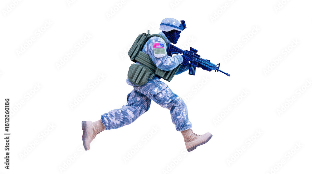 Obraz premium Soldier running with rifle wearing camouflage uniform tactical vest helmet and boots isolated on transparent background military action digital illustration dynamic movement