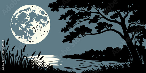 Moonlit Serenity: Silhouette of a tranquil scene, a full moon casting its silvery glow over a calm lake, with a silhouetted tree and grasses in the foreground, creating a scene of calmness.