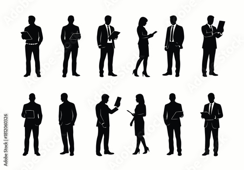 Silhouette collection of business people in different poses isolated on set of men and women in formal wear holding gadgets silhouettes avatar vector pack