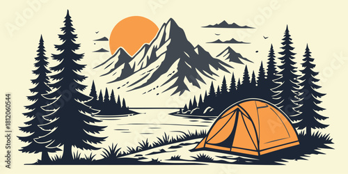 Camping by the Lake: A tranquil camping scene unfolds at sunset, featuring a tent nestled beside a serene lake and surrounded by majestic mountains. The sun paints the sky with warm hues.
