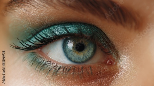 Close-up view of colorful eye makeup