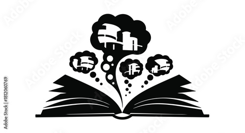 Open book with imaginative thoughts and ideas emerging as a cloud.