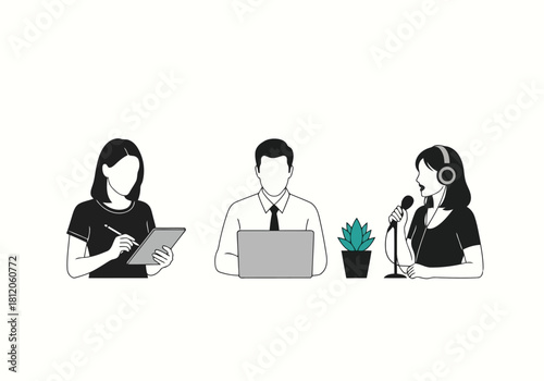 Illustration of people working at a desk isolated on a woman is drawing on a tablet, a man is working on a laptop, and a woman is podcasting silhouettes avatar vector pack