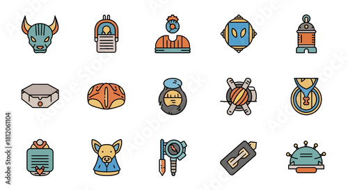 Diverse Collection of Stylized Cartoon Icons Representing Various Objects and Characters.