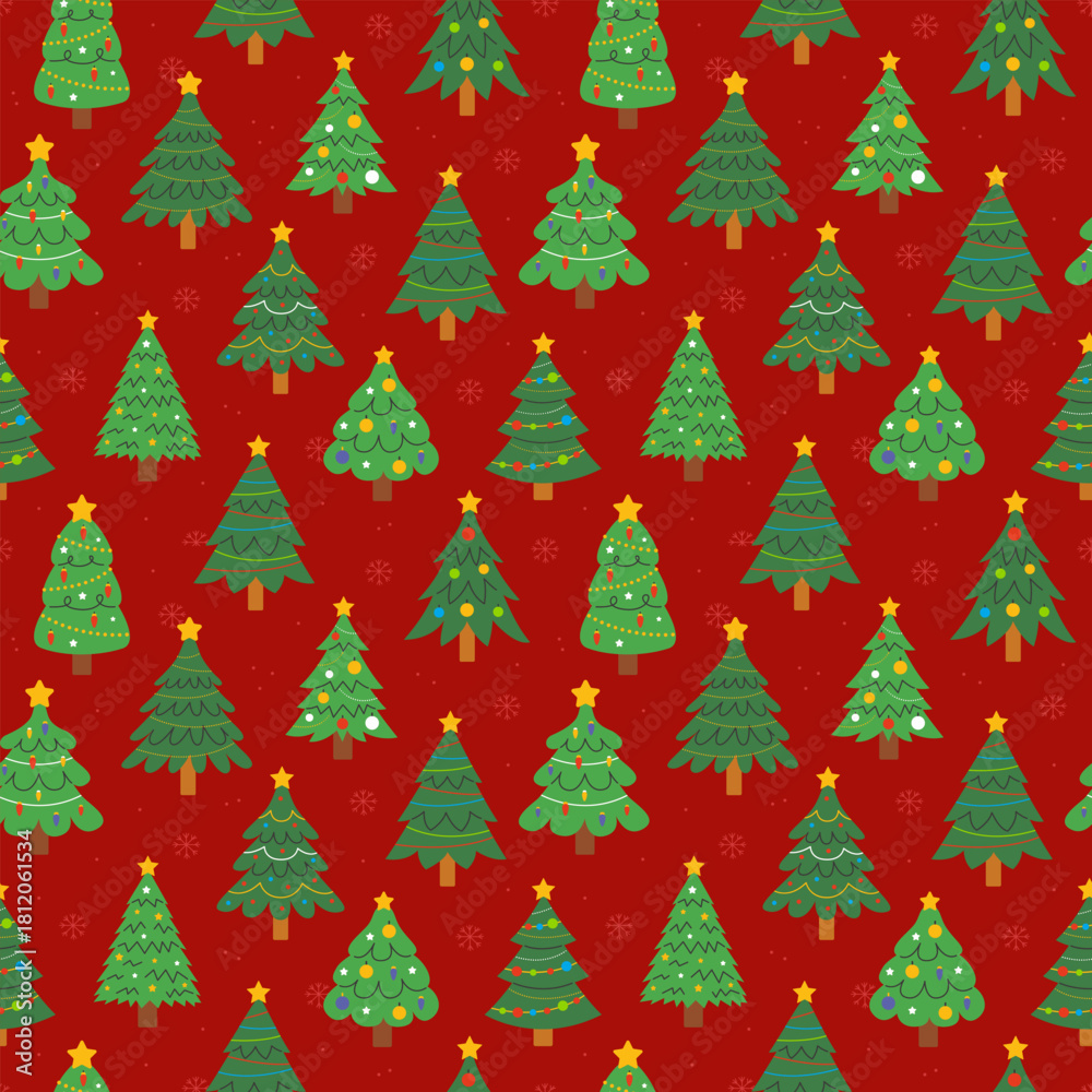 Obraz premium Seamless pattern with Christmas trees decorated with Christmas toys and garlands on a red background. Vector New Year and Christmas illustrations.
