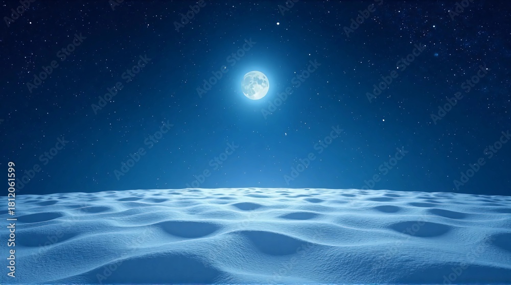 Fototapeta premium A serene full moon illuminates a vast, tranquil desert of white sand dunes under a starry night sky.
