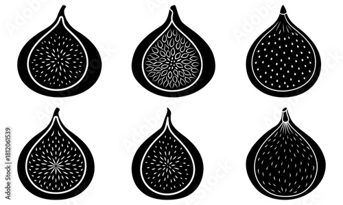Collection of six fig fruit cut in half showing various seed arrangements in black and white illustration