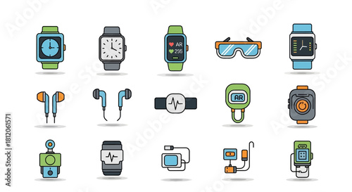 Diverse colorful doodle style wearable technology icons set, featuring smartwatches, earbuds, and fitness trackers.